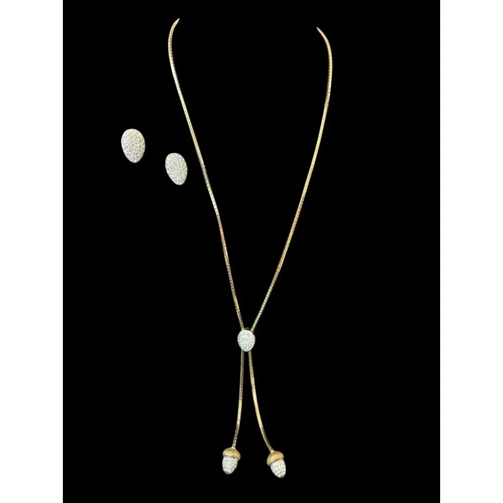 Vintage Acorn Gold-Tone Pendant Necklace & Matching Crystal Stud Earrings Set - Picture 1 of 9